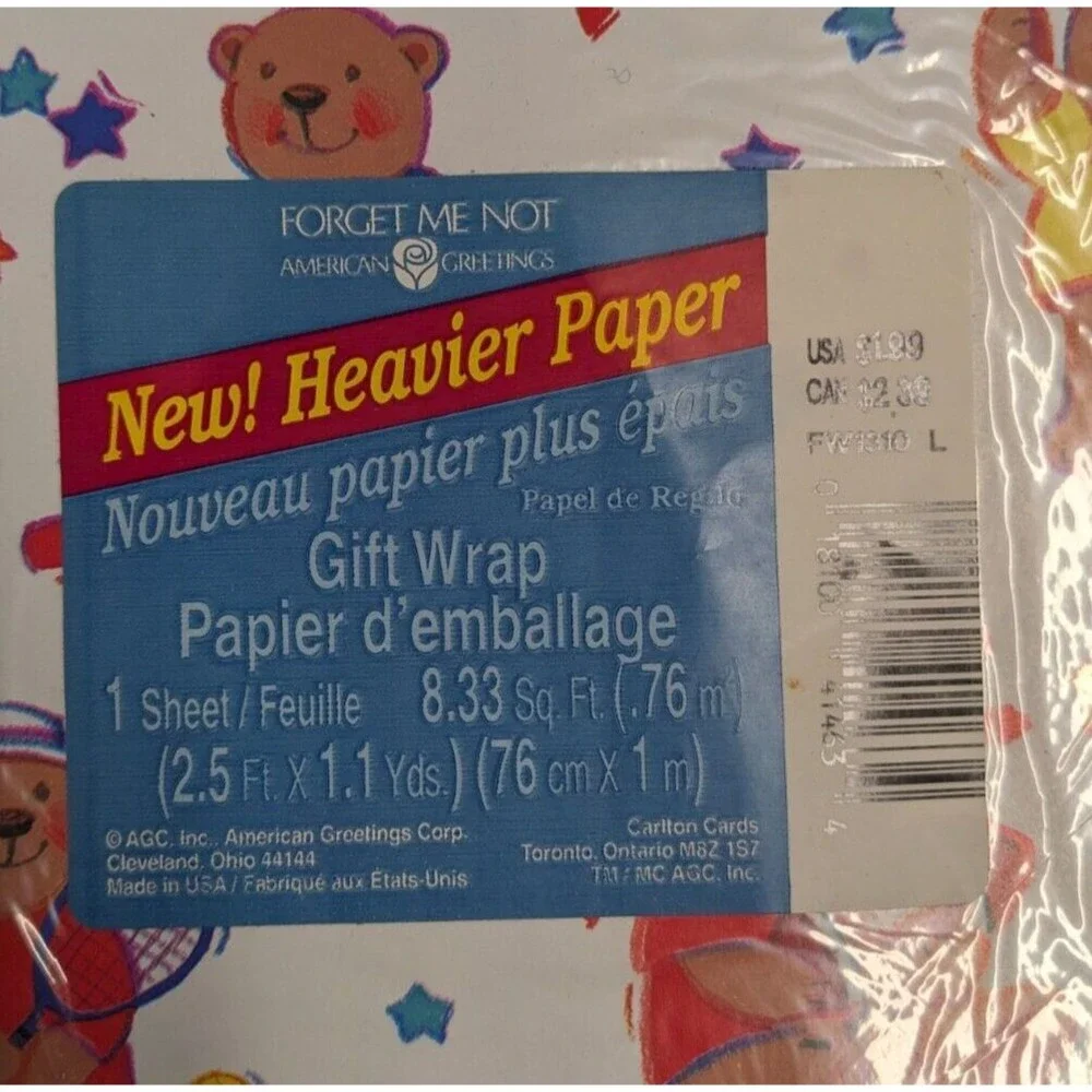 Vintage Forget Me Not Gift Wrap Paper Bears Sports Kids 2.5 Ft x 1.1 Yd Ephemera